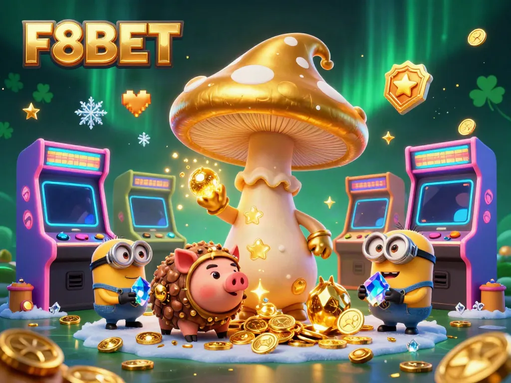 Win big with F8BET in a vibrant 3D casino scene featuring magical characters and game elements.