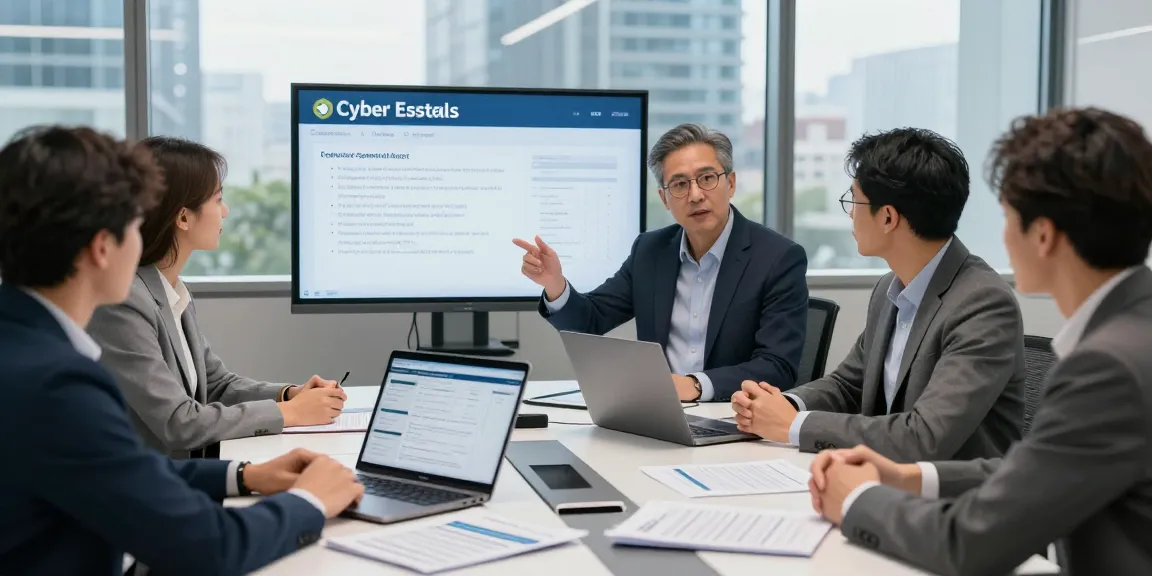 Cyber essentials assessor reviewing documents during a team audit meeting in a modern office.