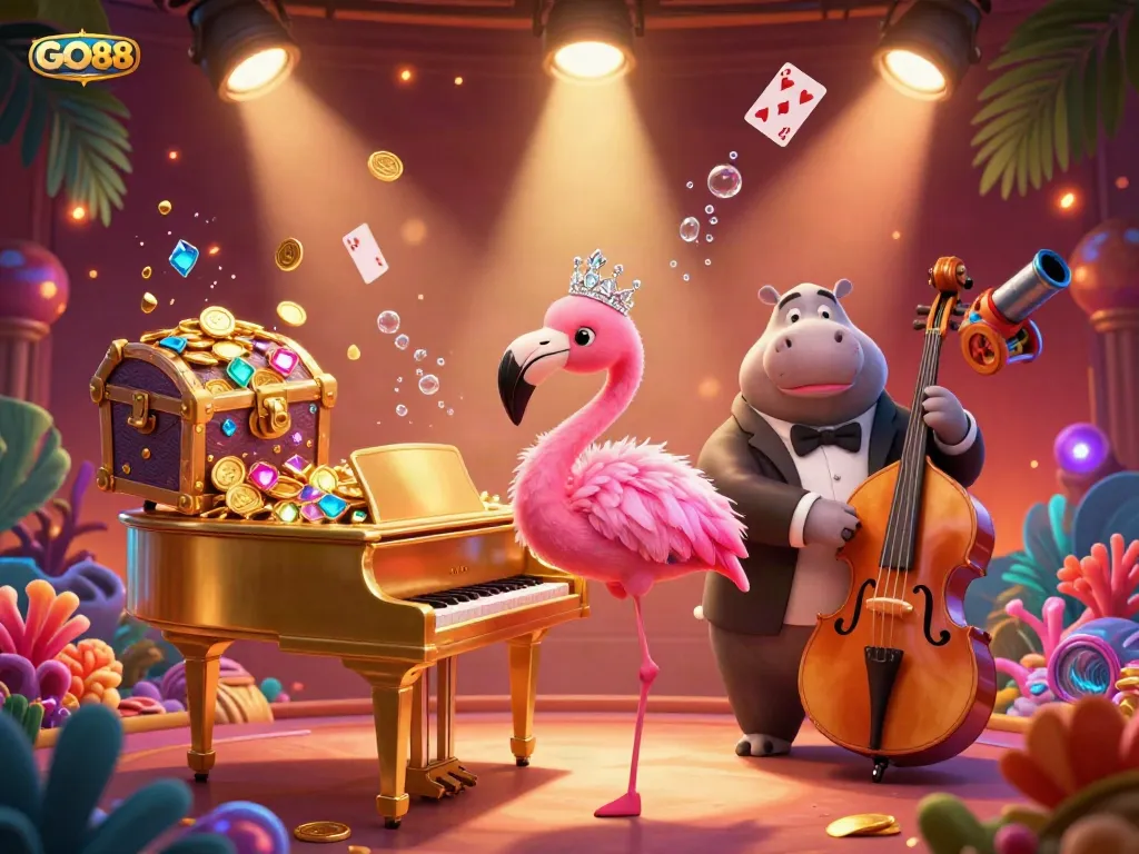 Engage with GO88's vibrant casino scene, featuring lively characters and dynamic game elements.