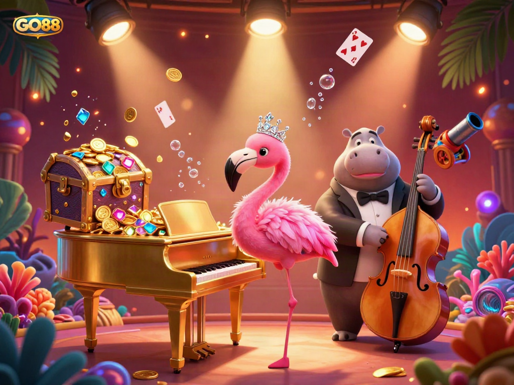 Engage with GO88's vibrant casino scene, featuring lively characters and dynamic game elements.