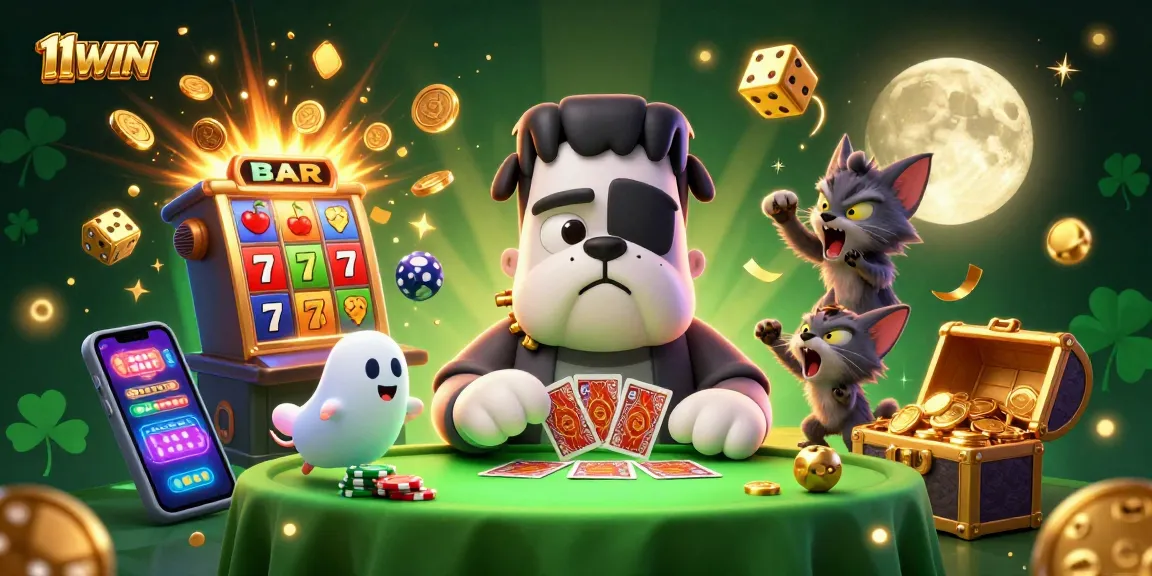 Join the 11WIN casino scene with a Frankenstein bulldog dealing cards amidst a jackpot explosion.