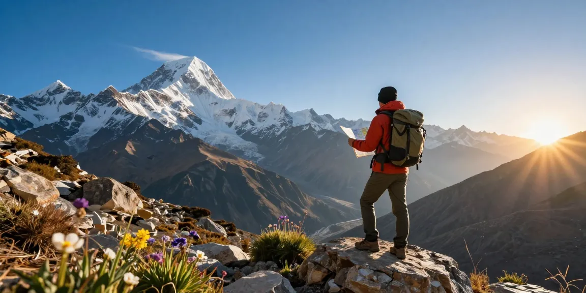 Senderista en el Manaslu Circuit con un paisaje montañoso de fondo, explorando la belleza natural.