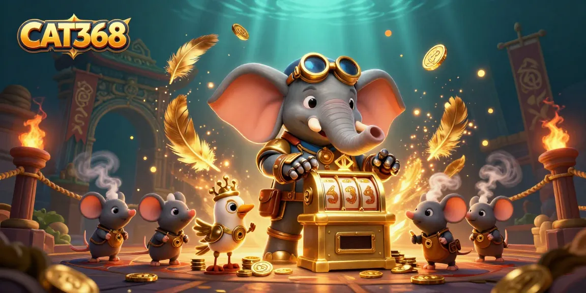 Engage in the excitement of CAT368 with a lively steampunk casino illustration showcasing golden slot machines and animated characters.