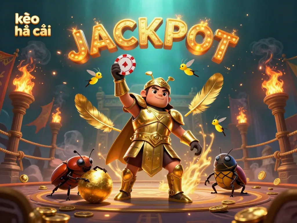 Engage with kèo nhà cái by witnessing a triumphant beetle lifting a poker chip amidst a vibrant casino atmosphere.