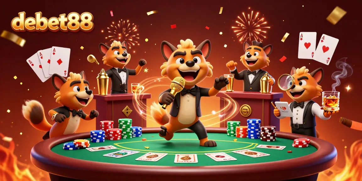 Engage with debet88's vibrant online casino experience featuring hyena characters in a dynamic gaming scene.