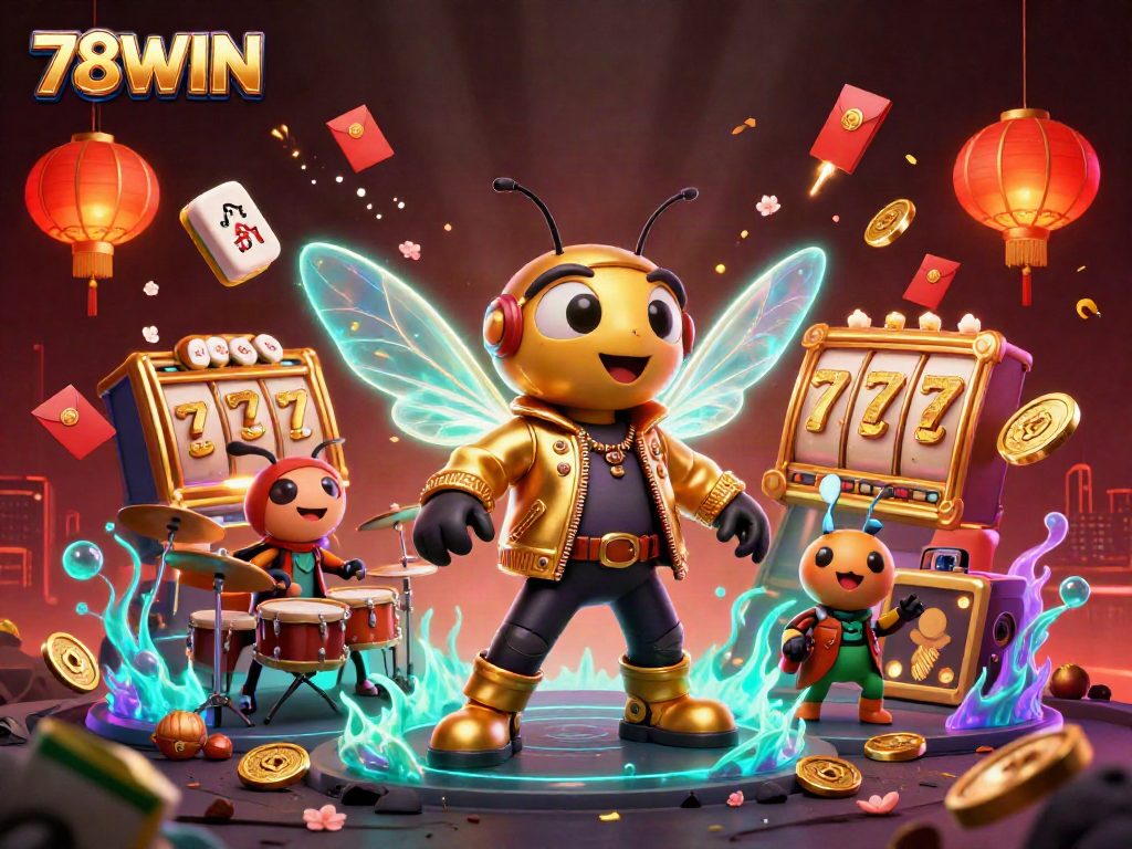 Experience the excitement of 78WIN with vibrant characters and dynamic slot elements in a thrilling casino scene.