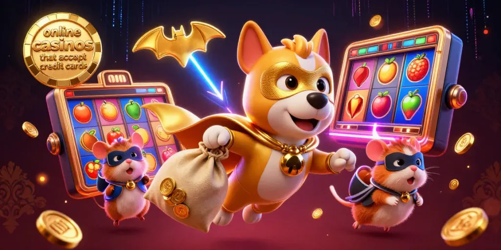 Engaging illustration of online casinos that accept credit cards with a superhero dog and hamster amidst vibrant slot reels.
