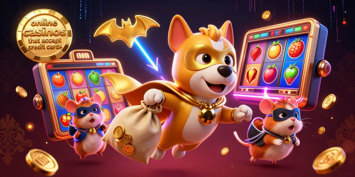 Engaging illustration of online casinos that accept credit cards with a superhero dog and hamster amidst vibrant slot reels.