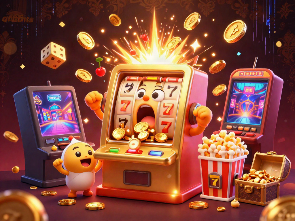 Experience the excitement of winning at qh88ts with this dynamic illustration of a golden slot machine hitting a jackpot surrounded by cheering machines.