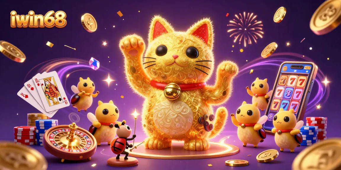 Experience thrilling gameplay at iwin68 with a dynamic lucky cat and vibrant casino symbols.