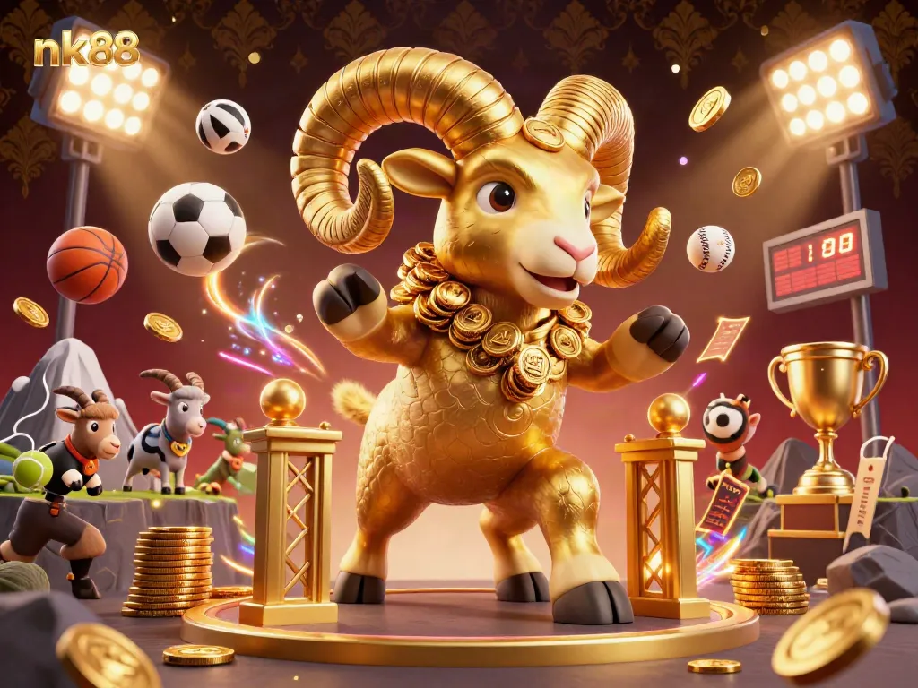 Experience the thrill of nk88 as a golden ram charges through a vibrant casino scene with dynamic elements.