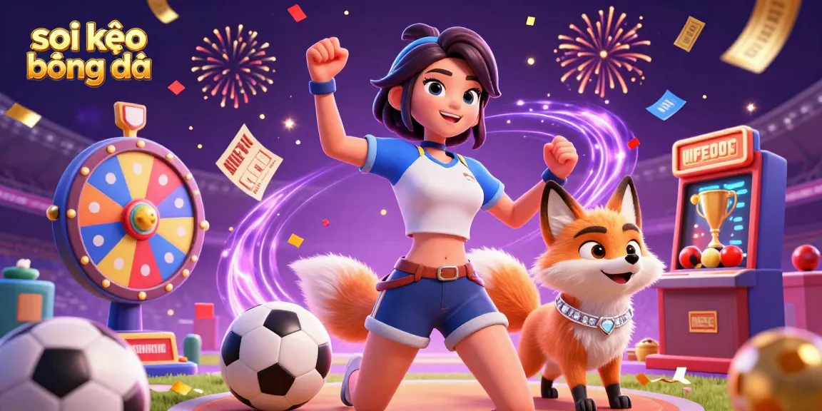 Soi kèo bóng đá featuring a woman and an arctic fox in a vibrant sports scene with betting elements.
