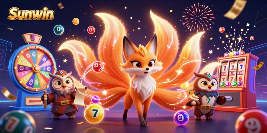 Win big at Sunwin with vibrant lottery balls, slot machines, and a magical fox