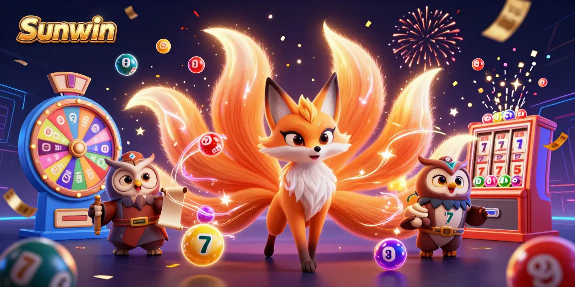 Win big at Sunwin with vibrant lottery balls, slot machines, and a magical fox