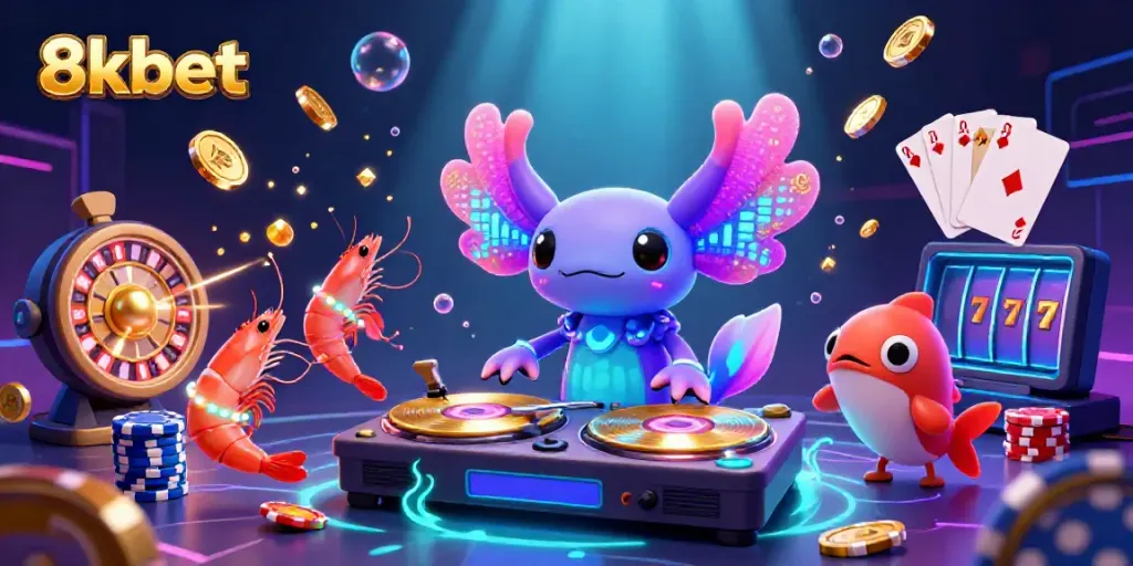 Engage with 8xbet through a lively underwater casino scene featuring a neon axolotl DJ and vibrant gaming elements.