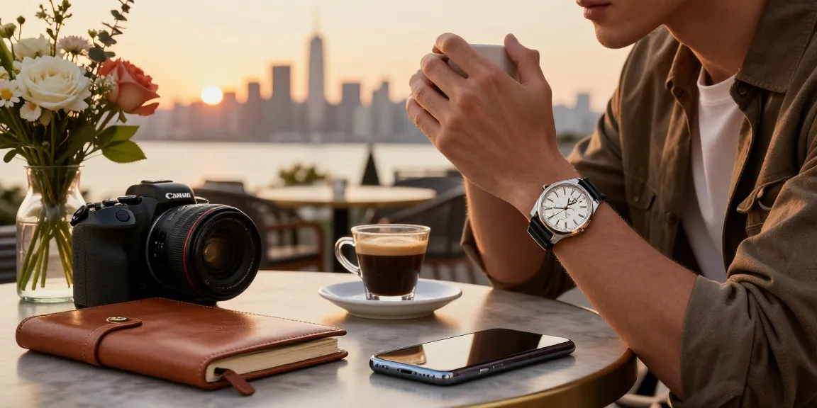 Luxury lifestyle scene showcasing a stylish individual wearing a replica watch at an upscale café during golden hour.