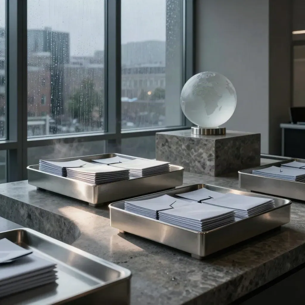 Brushed stone treasury suite with silver trays, frosted globe and rainy city lights