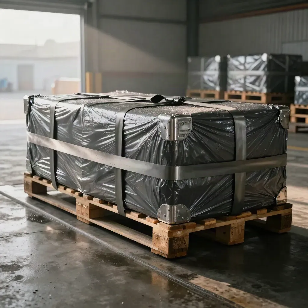 Sealed export pallets in a wet loading bay, caught in diagonal warehouse light.