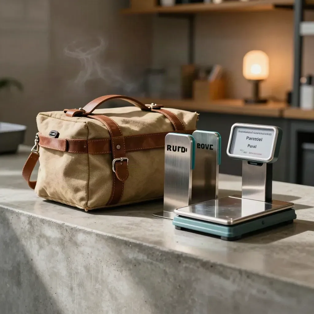 Courier pouch, metal route markers and parcel scale on a concrete counter in warm afternoon light.