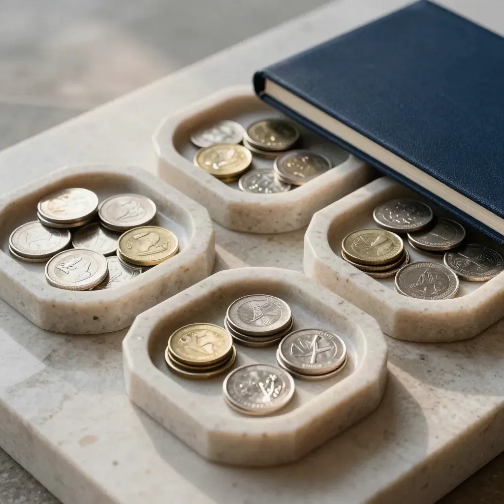 Stone cash trays with silver, brass and graphite coin stacks beside a closed ledger block.