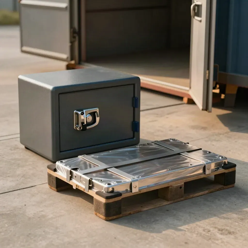 Wrapped machine parts beside a locked treasury case in a bright receiving bay