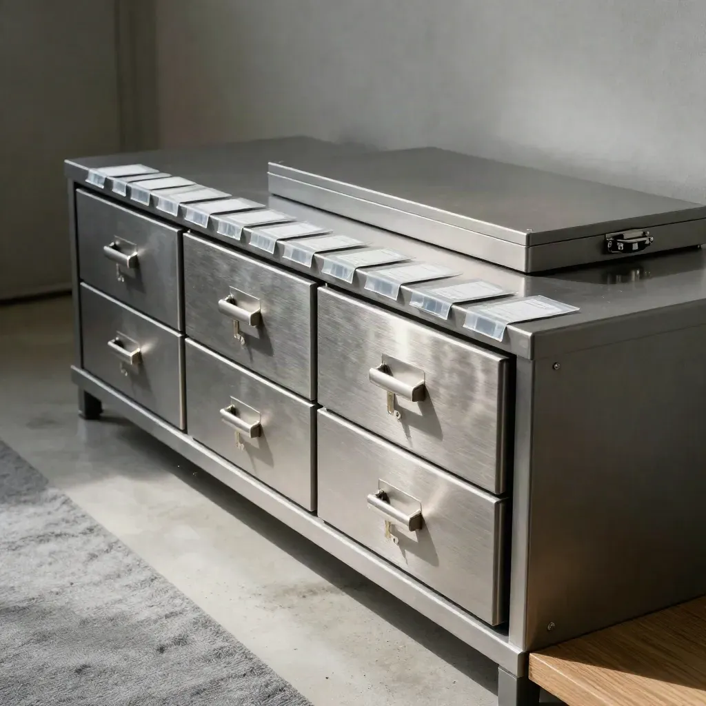 Tidy cash drawers, a vault tray, and package seals in a moody export finance room.
