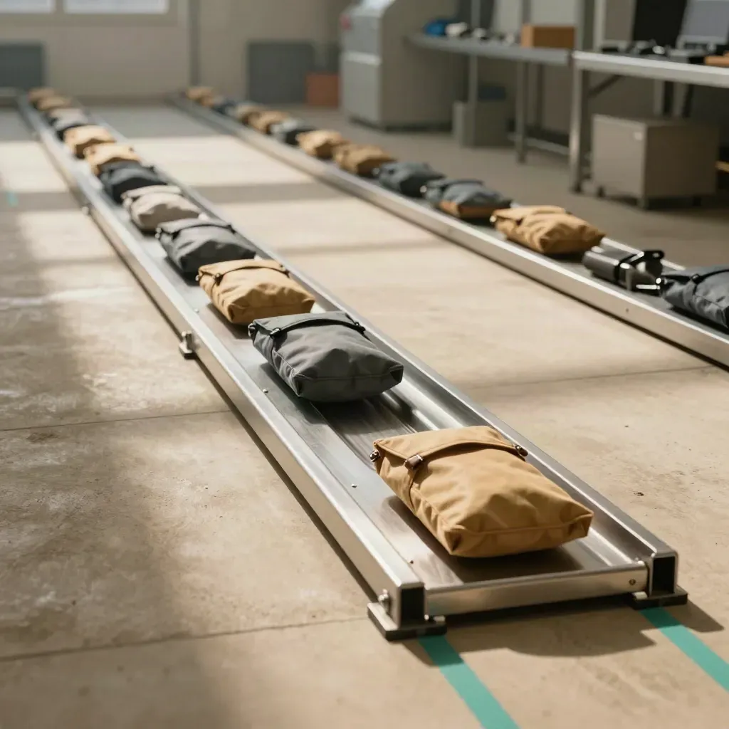 Diagonal metal routing trays with courier pouches in a hazy transfer bay