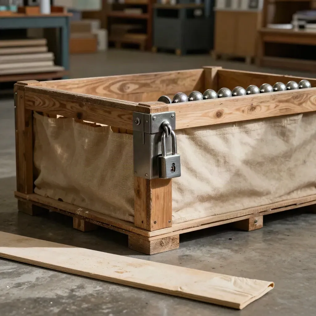 Locked raw material crates with hedge tokens on a workbench in warm warehouse light