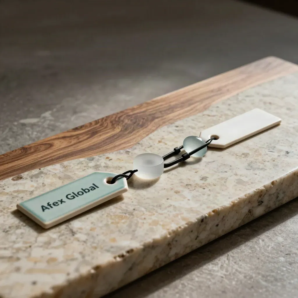 Ceramic routing tags, frosted glass pucks and a black clip on stone, lit dramatically.