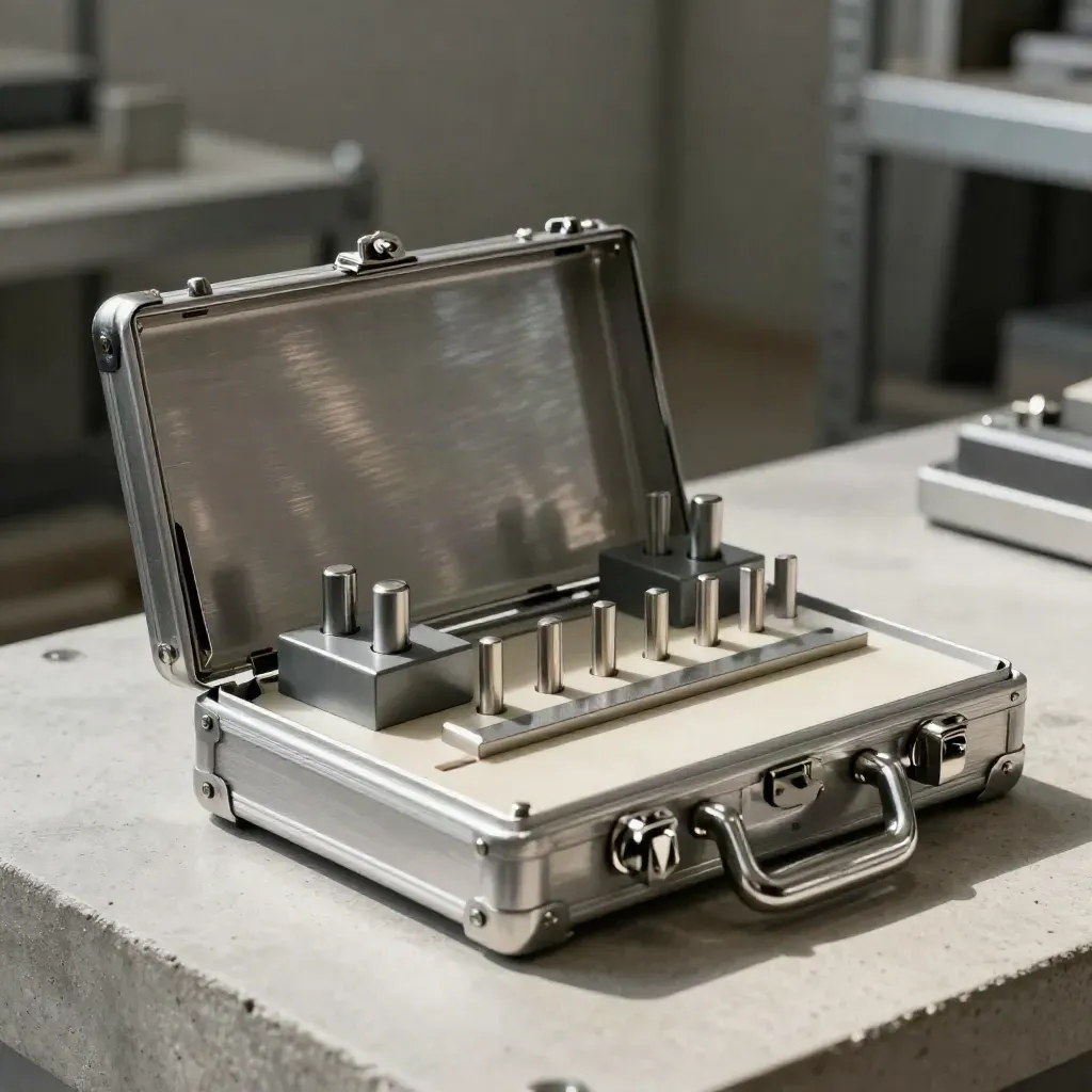 Open steel case with fixed metal pegs and stop blocks on pale concrete.