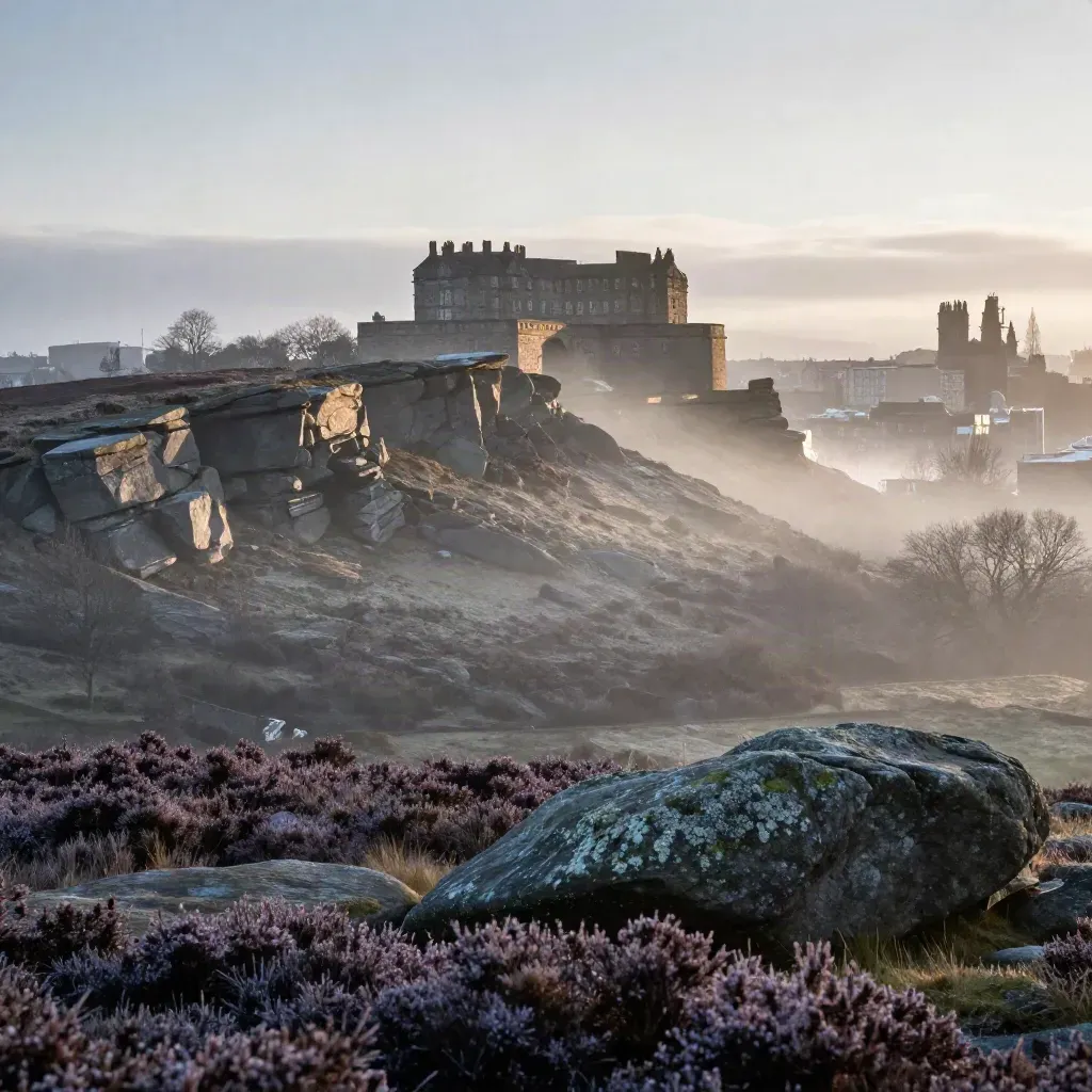Edinburgh castle silhouette above misty moorland with granite and heather