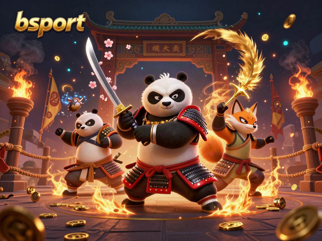 Experience the thrill of bsport with vibrant samurai panda and ninja fox in a dynamic casino scene.
