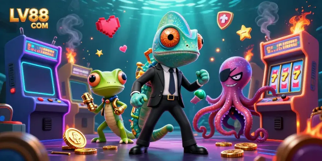 Experience thrilling gameplay at LV88 COM with a colorful casino scene featuring vibrant characters and slot elements.
