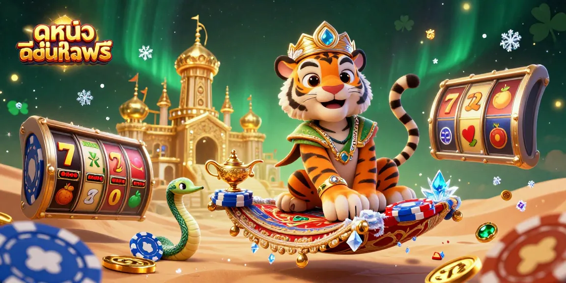 Experience ดูหนังออนไลน์ฟรี with a vibrant 3D casino scene featuring a tiger sultan and jackpot elements.