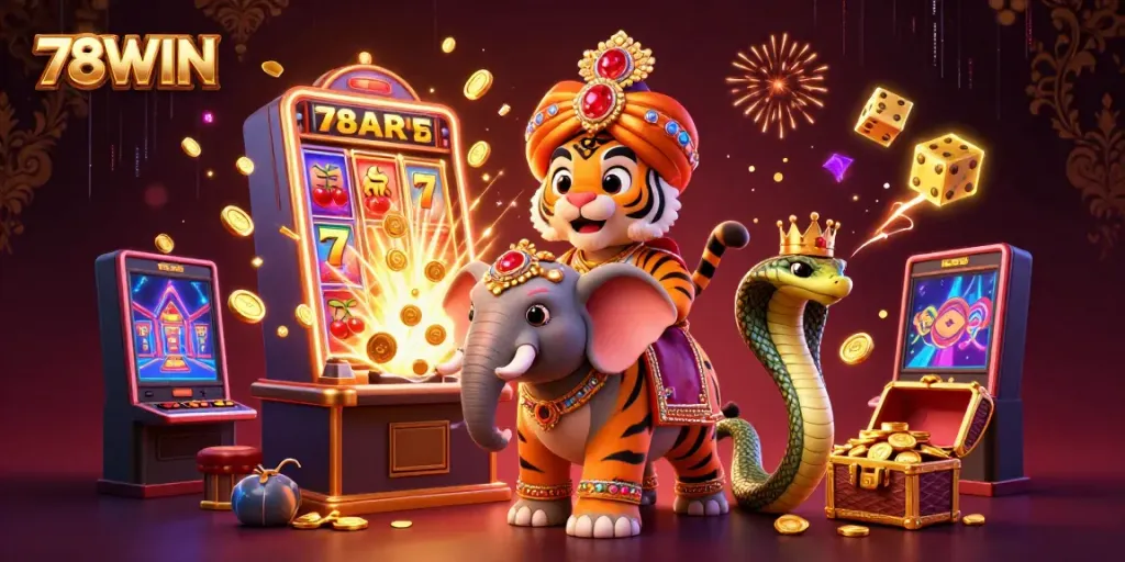 Engage with the vibrant casino world of 78WIN featuring a jewel-encrusted elephant and a friendly cobra in a dynamic 3D digital illustration.