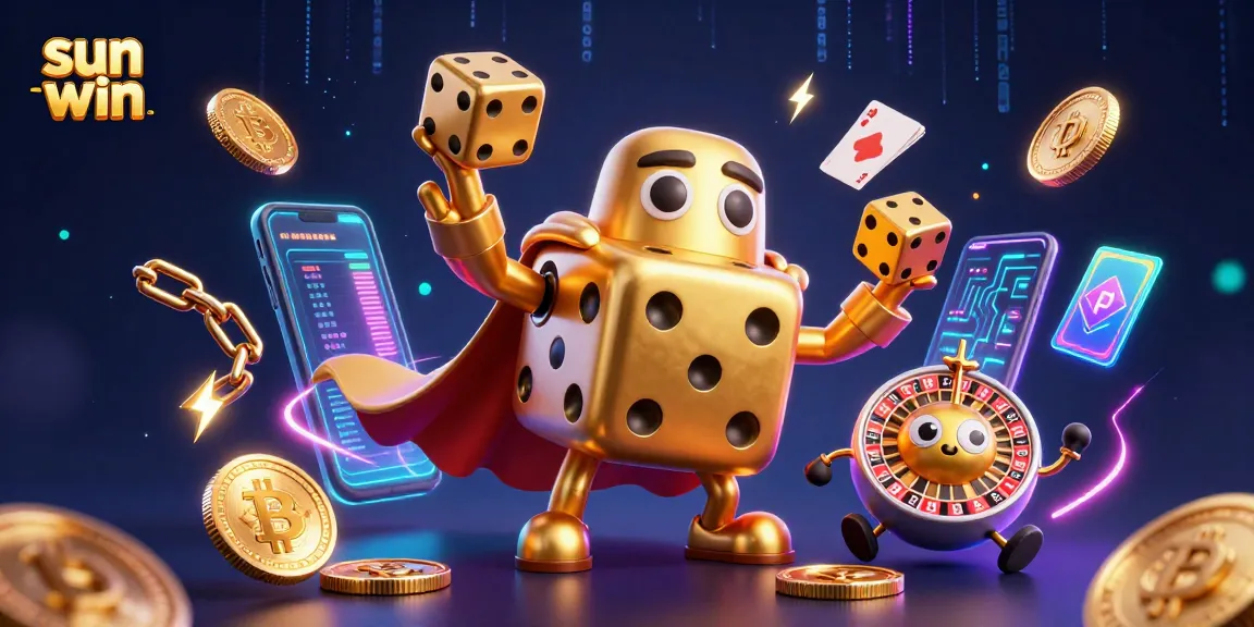 Experience sun win gaming excitement with vibrant 3D characters, golden dice, and crypto elements.