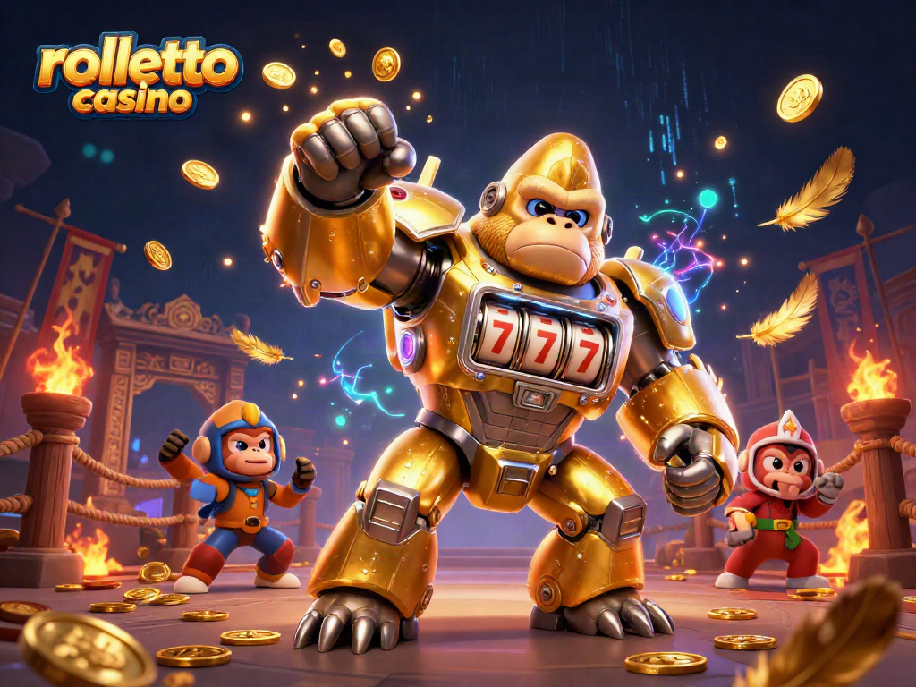 Experience rolletto casino with a dynamic 3D illustration of a golden gorilla mech amidst casino elements, showcasing excitement and action.