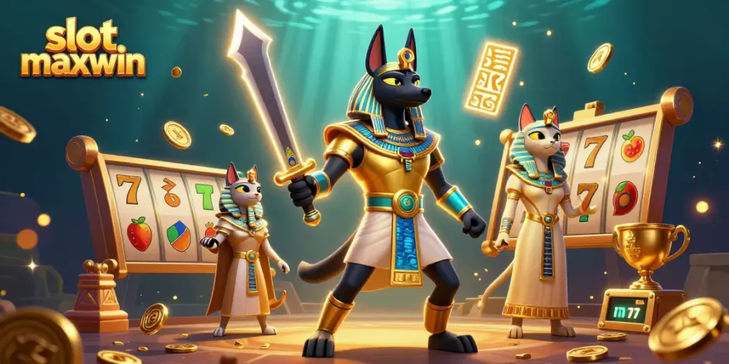 Engage in the "slot maxwin" adventure with Anubis and Bastet amidst cascading gold coins and spinning reels.