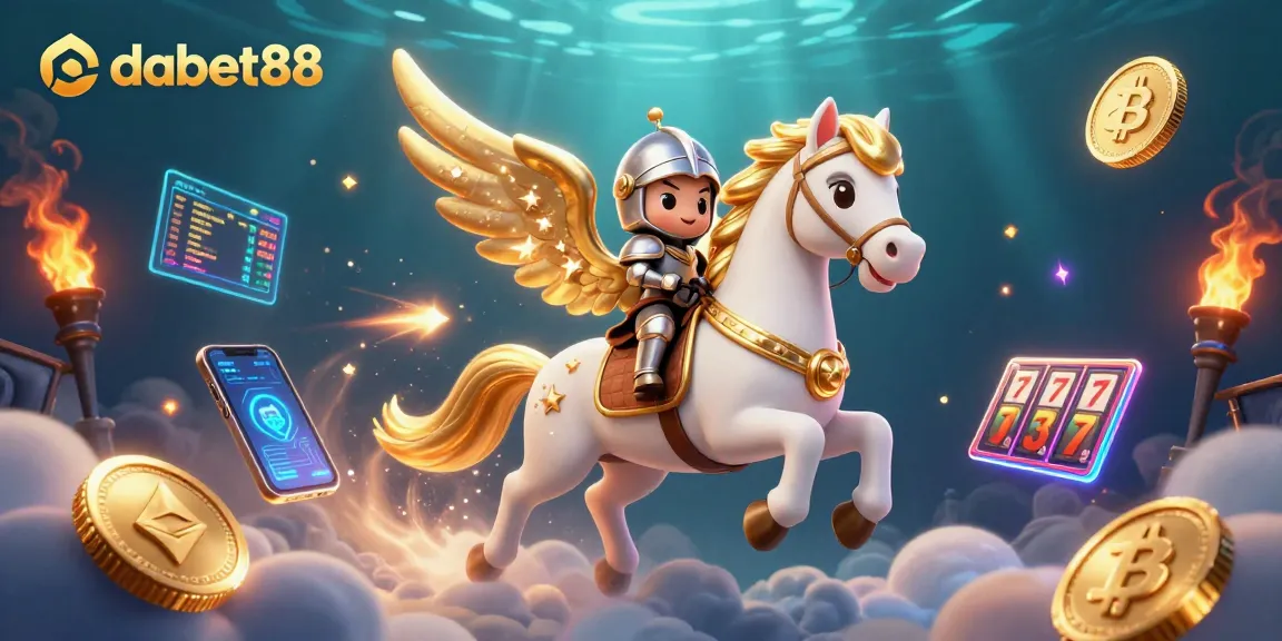 Experience winning at dabet88 with a lively 3D scene of a knight and a celestial horse amidst slots and crypto elements.