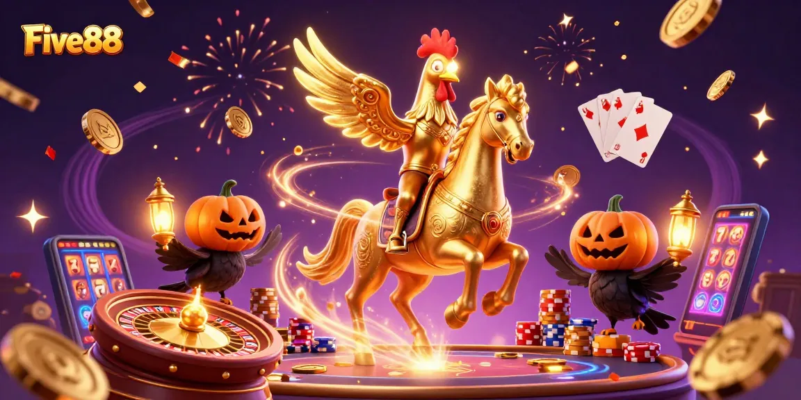 Experience the magic of Five88 casino with an enchanting 3D illustration of golden rooster and spectral horse.