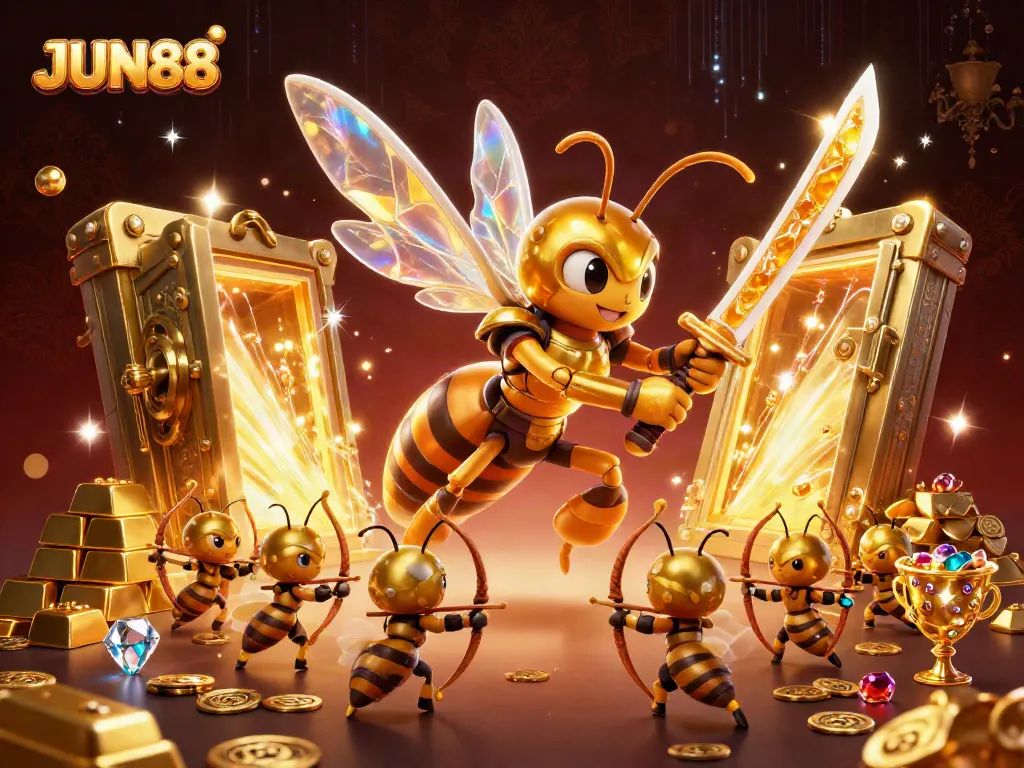 Experience exclusive gaming adventures with JUN88, featuring a vibrant golden hornet in a casino-inspired atmosphere.