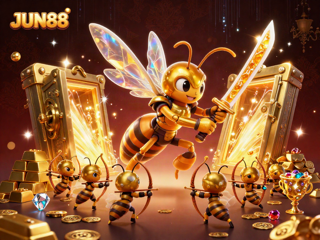 Experience exclusive gaming adventures with JUN88, featuring a vibrant golden hornet in a casino-inspired atmosphere.