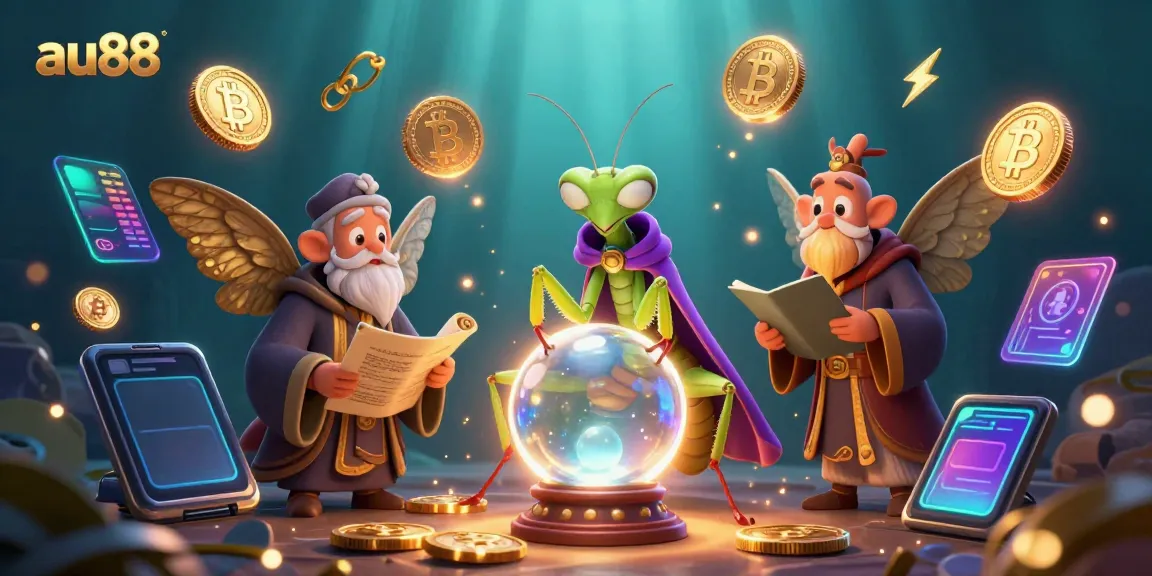 Experience the magic of online gambling with au88 in a mystical scene of fortune tellers and crypto elements.