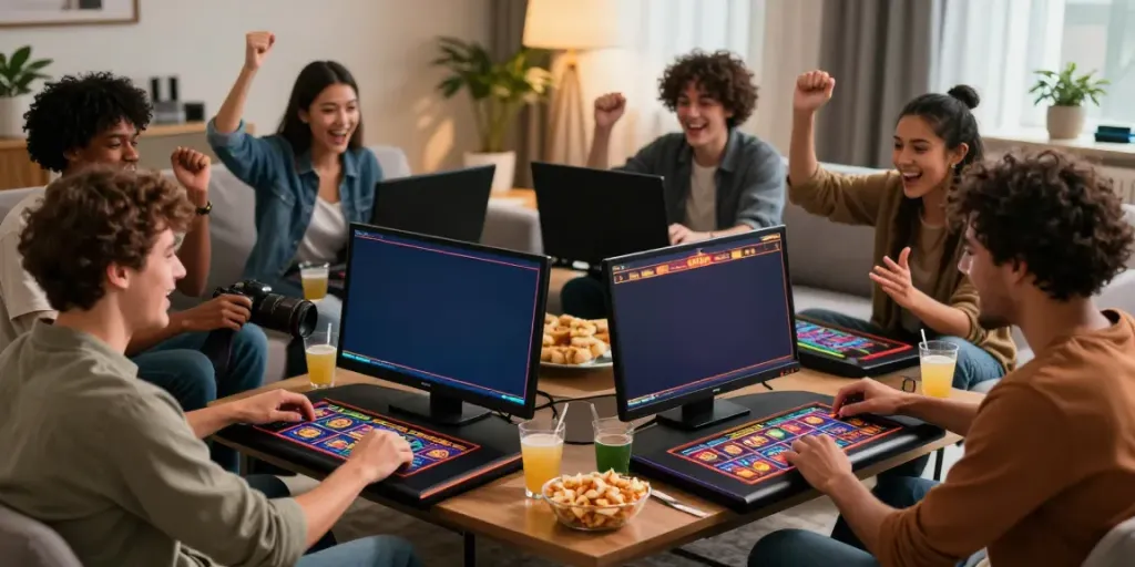 Diverse group enjoying online credit card casinos together, celebrating wins and engagement in an inviting gaming environment.