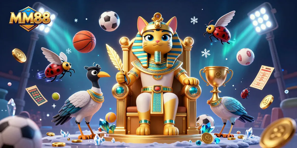 MM88 sports betting scene featuring cartoon pharaoh cat and colorful sports balls.