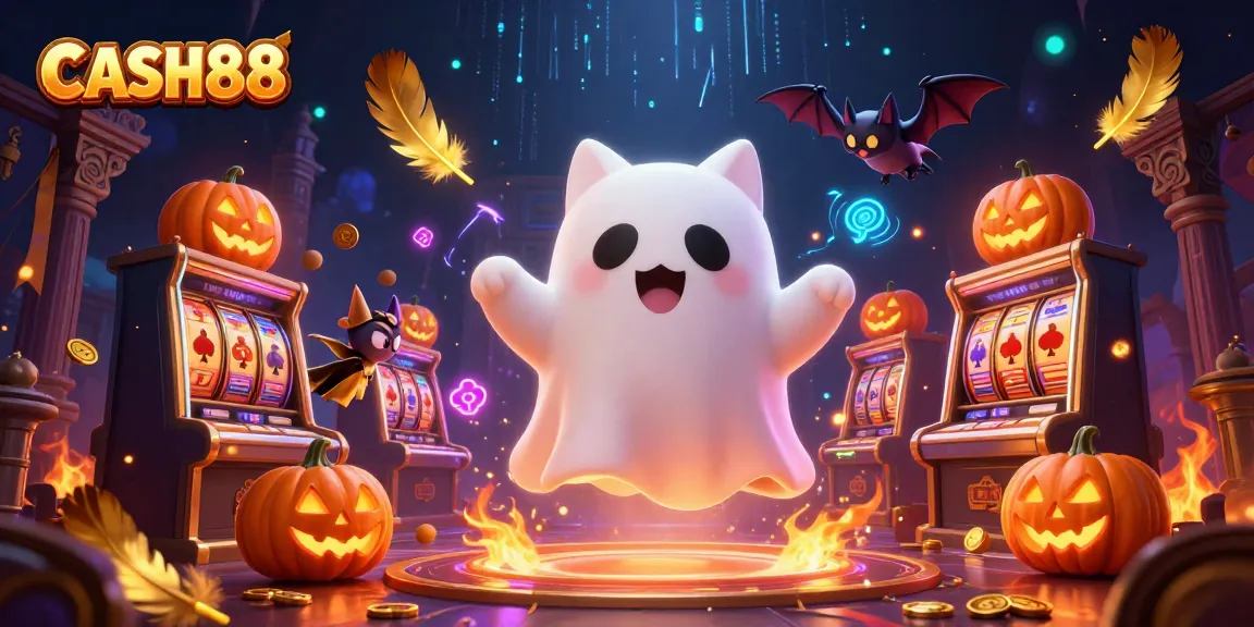 Experience the excitement of CASH88 with a ghost cat and bat in a vibrant casino scene filled with slot machines and gold.