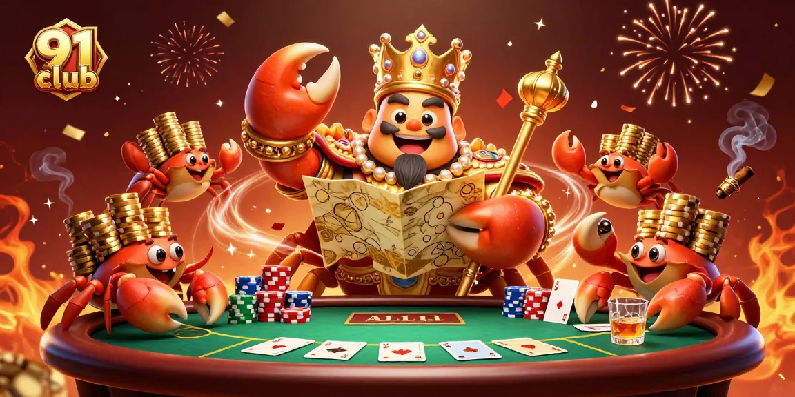 Join the 91 club with thrilling animations around a massive golden crab emperor at a poker table.