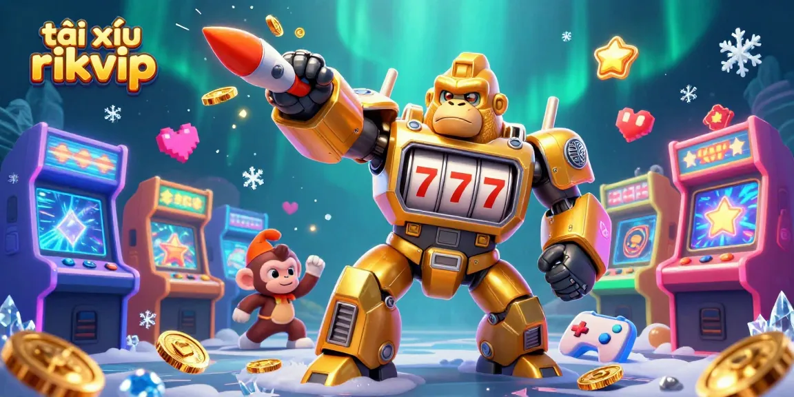 Experience exciting gameplay with tài xỉu rikvip featuring a golden gorilla mech and vibrant arcade elements.