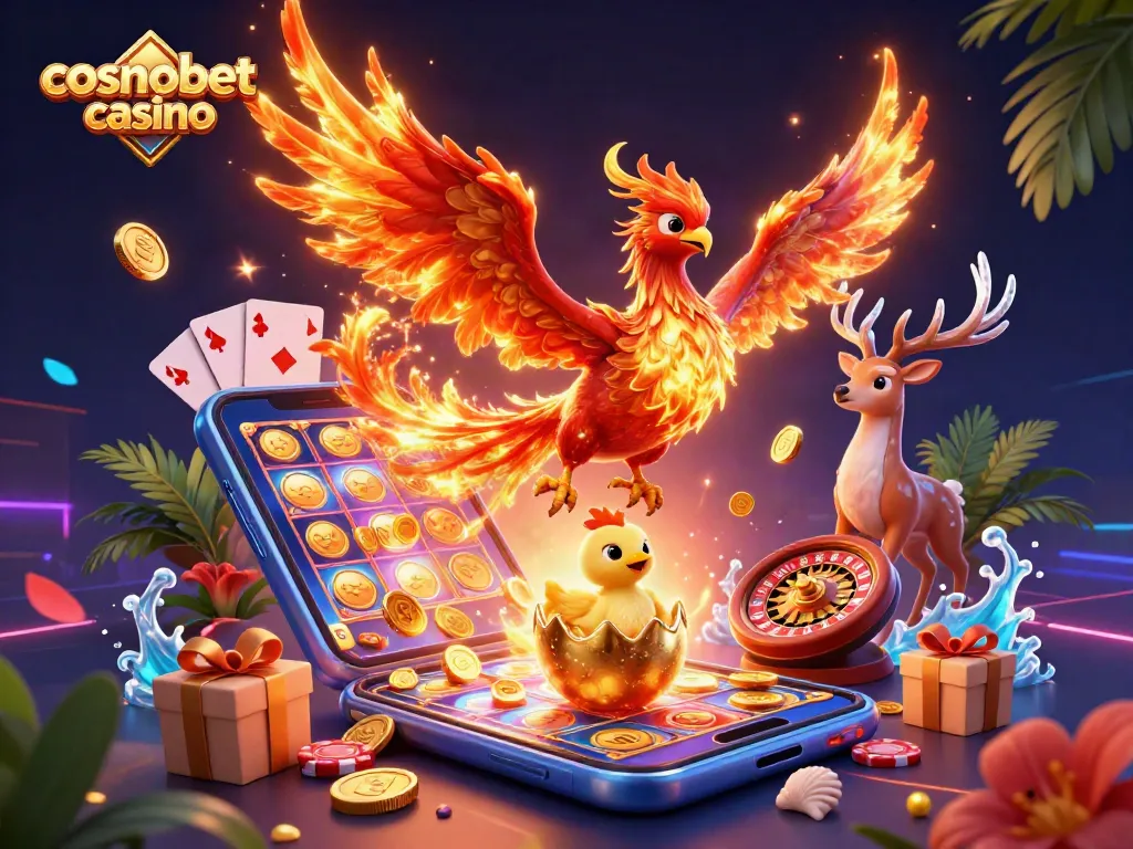 Engage with cosmobet casino's vibrant gaming scene filled with golden coins, slots, and mythical creatures.
