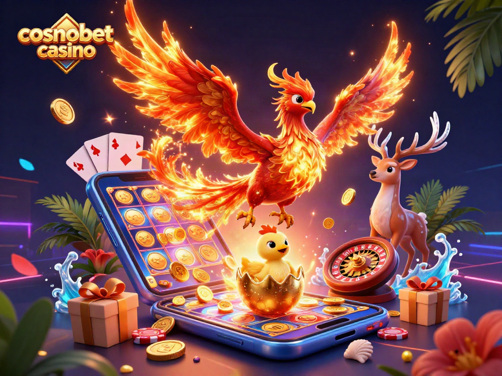 Engage with cosmobet casino's vibrant gaming scene filled with golden coins, slots, and mythical creatures.